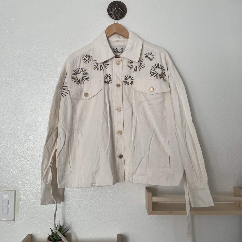 Scotch & Soda Amsterdam Trucker Cream Denim Jacket‎ Embellished Belted Large - Picture 7 of 11